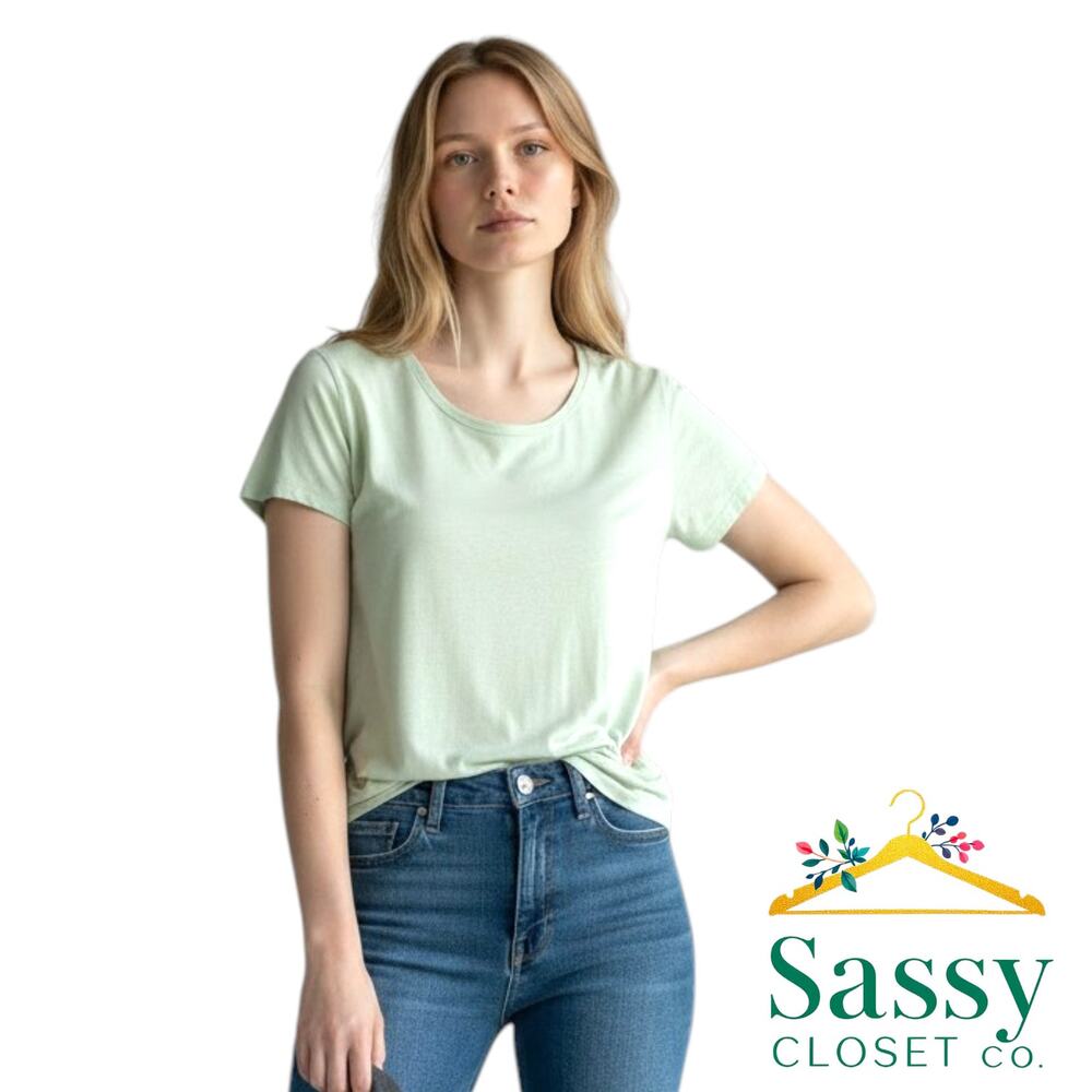 Eileen Fisher Organic Cotton Slub Tee M Green High Low Cap Sleeve Top
